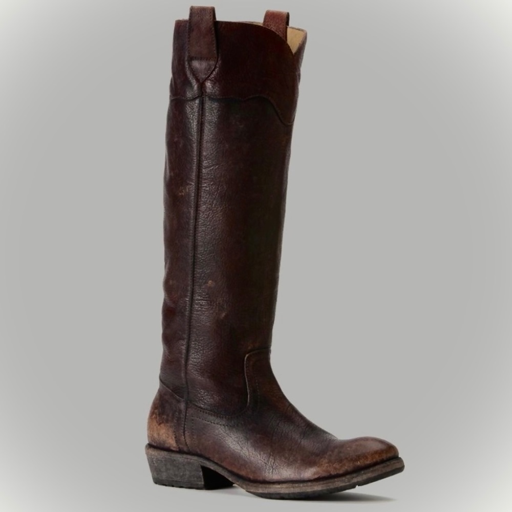 AMAZING FRYE Carson Tall Riding Boot Dark Brown Leather Like New - Antique Stone